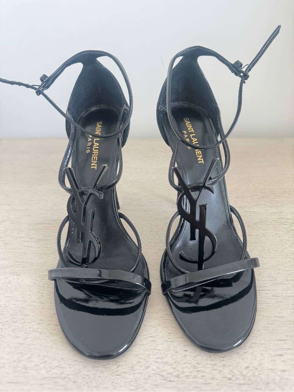 Saint Laurent Black Patent Leather YSL Logo Ankle Strap Heels